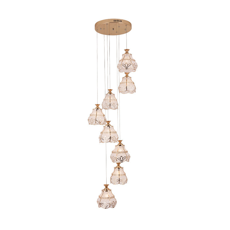 White Glass Spiral Hanging Light Contemporary 8-Light Stair Multi Lamp Pendant with Flower Shade Clearhalo 'Ceiling Lights' 'Glass shade' 'Glass' 'Modern Pendants' 'Modern' 'Pendant Lights' 'Pendants' Lighting' 399008