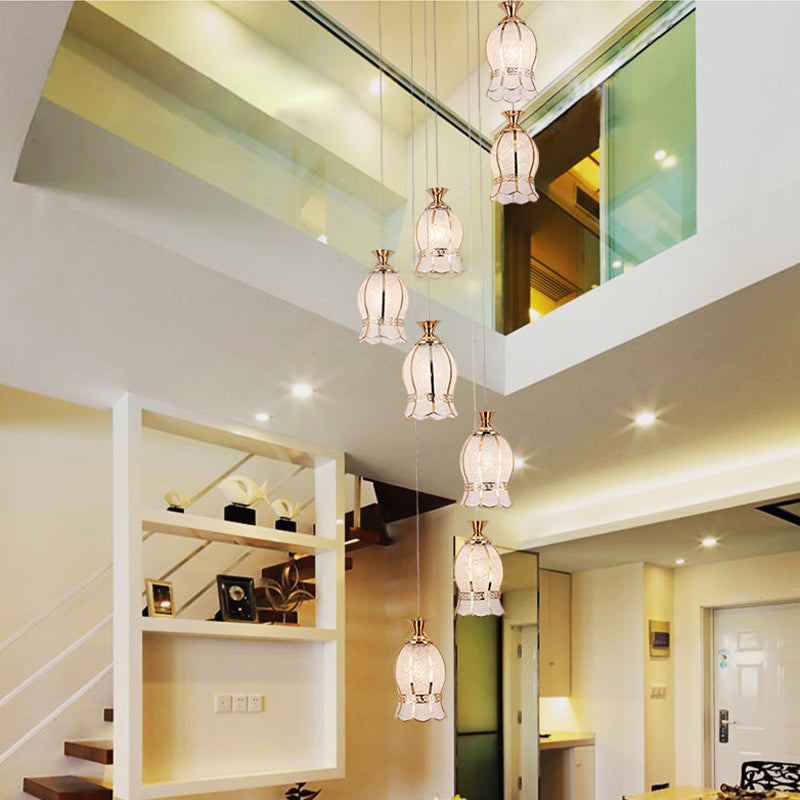 8 Lights Flower Hanging Lighting Modernism Brass Textured Glass Cluster Pendant Lamp Brass Clearhalo 'Ceiling Lights' 'Glass shade' 'Glass' 'Pendant Lights' 'Pendants' Lighting' 399015