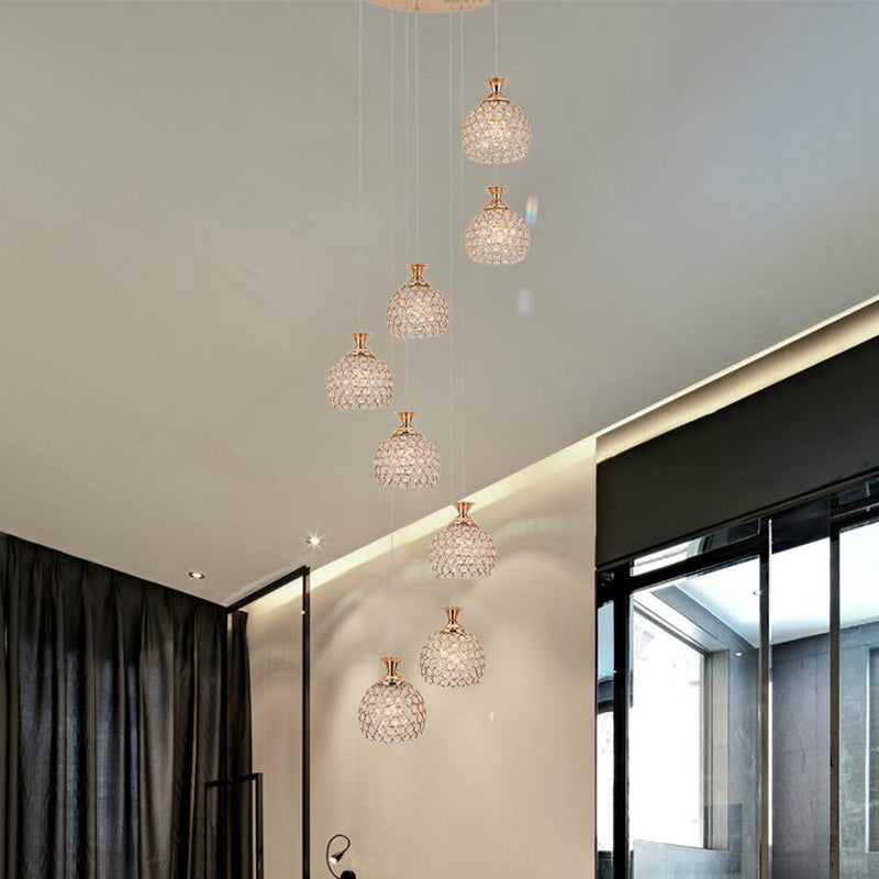 Brass 8 Heads Suspension Lighting Modernism Crystal Dome Shade Cluster Pendant Lamp Brass Clearhalo 'Ceiling Lights' 'Modern Pendants' 'Modern' 'Pendant Lights' 'Pendants' Lighting' 399044