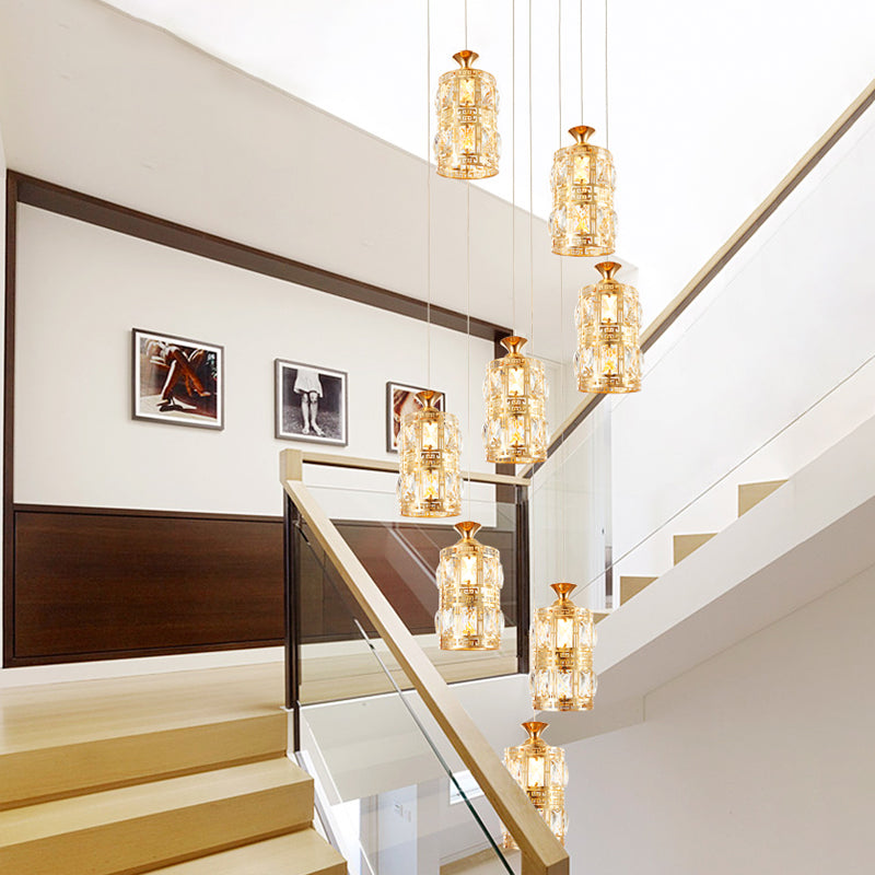 Modernist Cylindrical Cluster Pendant Light 8 Bulbs Crystal Hanging Ceiling Lamp in Gold Gold Clearhalo 'Ceiling Lights' 'Modern Pendants' 'Modern' 'Pendant Lights' 'Pendants' Lighting' 399049