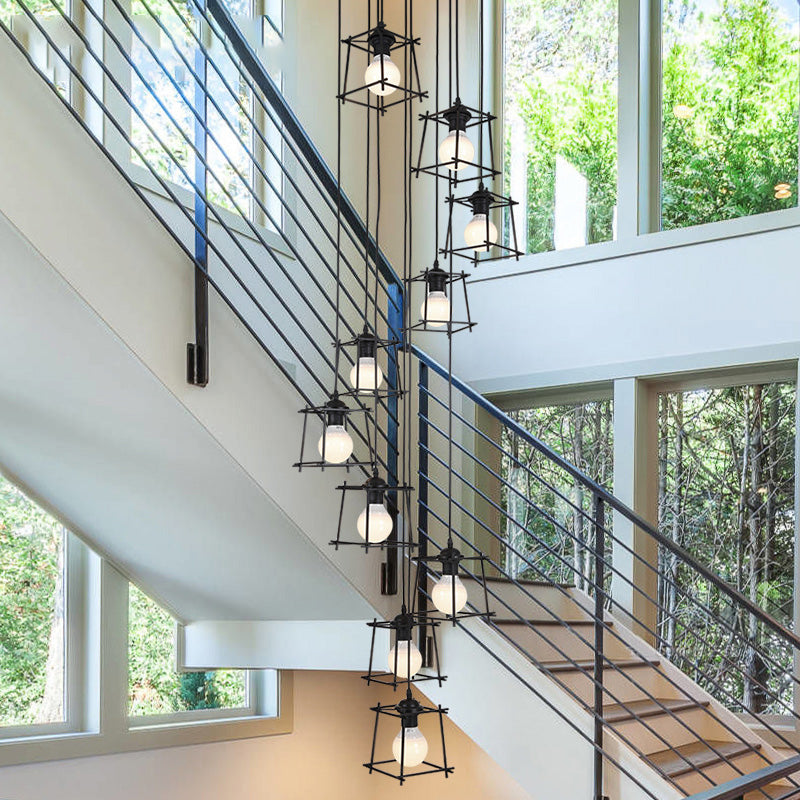 Cube Cage Stair Pendant Lighting Minimalist Metallic 10 Bulbs Black Multi Light Chandelier Clearhalo 'Ceiling Lights' 'Modern Pendants' 'Modern' 'Pendant Lights' 'Pendants' Lighting' 399132