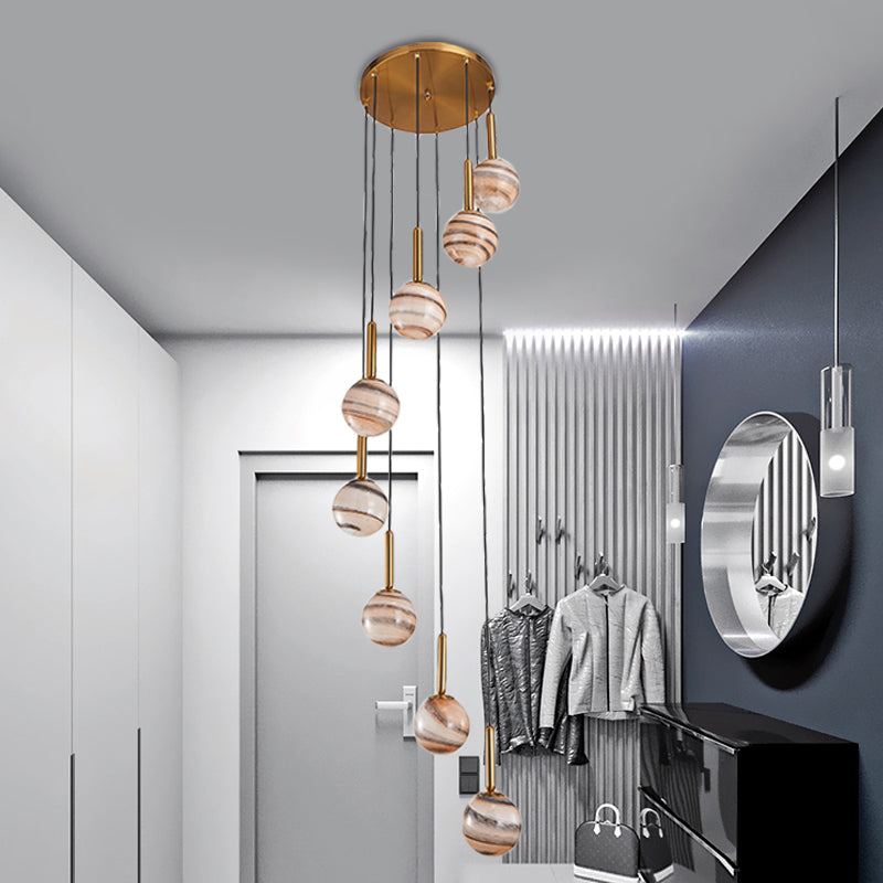 8 Lights Ball Hanging Ceiling Lamp Modern Brown Jupiter Glass Cluster Pendant with Spiral Design Clearhalo 'Ceiling Lights' 'Glass shade' 'Glass' 'Modern Pendants' 'Modern' 'Pendant Lights' 'Pendants' Lighting' 399137