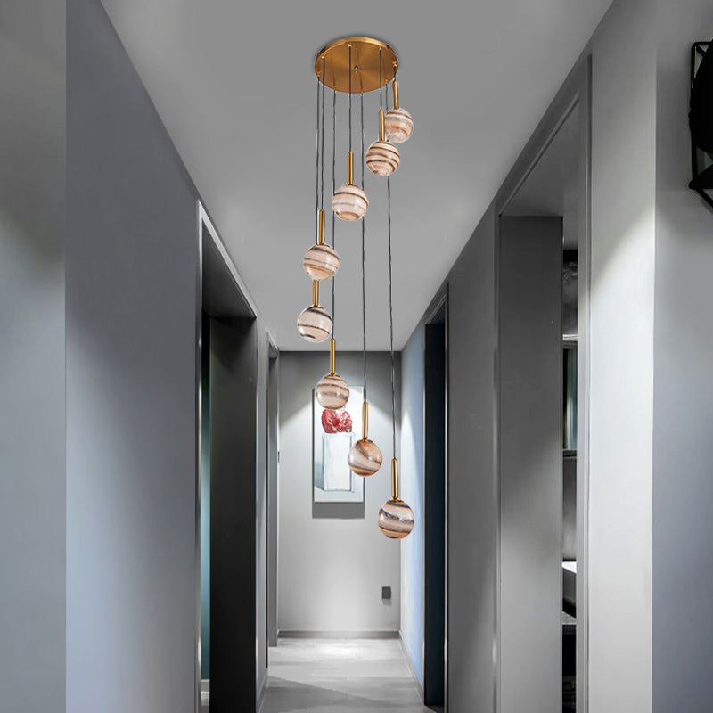 8 Lights Ball Hanging Ceiling Lamp Modern Brown Jupiter Glass Cluster Pendant with Spiral Design Clearhalo 'Ceiling Lights' 'Glass shade' 'Glass' 'Modern Pendants' 'Modern' 'Pendant Lights' 'Pendants' Lighting' 399138