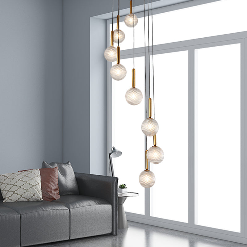 8/9 Bulbs Cluster Pendant Light Modernist Spiral White/Clear Lattice Glass Ceiling Hang Fixture Clearhalo 'Ceiling Lights' 'Glass shade' 'Glass' 'Modern Pendants' 'Modern' 'Pendant Lights' 'Pendants' Lighting' 399143