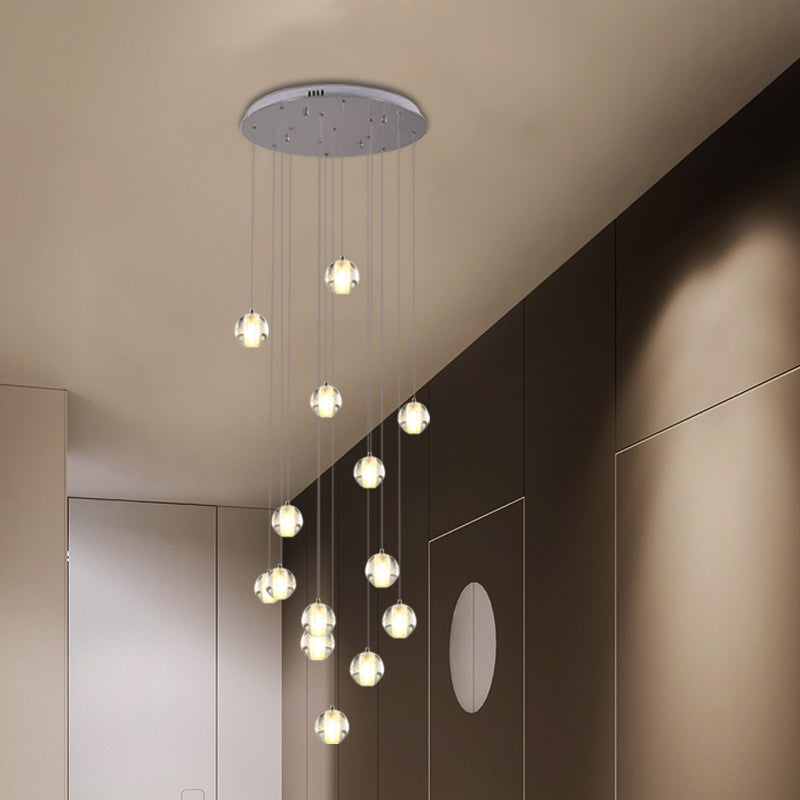 14-Bulb Crystal Cluster Pendant Light Modern White Meteor Shower Stair Hanging Lamp with Round/Linear Canopy White Round Clearhalo 'Ceiling Lights' 'Modern Pendants' 'Modern' 'Pendant Lights' 'Pendants' Lighting' 399190