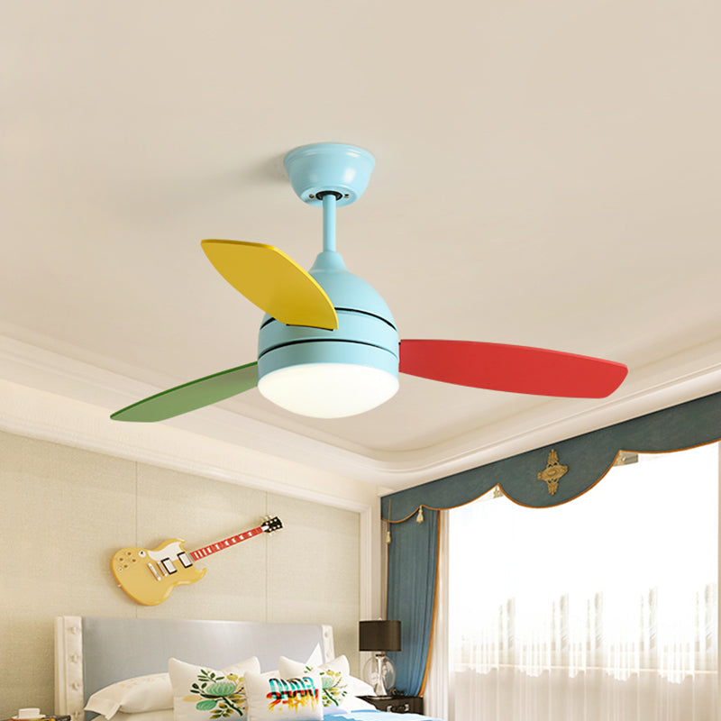 Dome Metal Semi Flush Lighting Kids LED Bedroom Pendant Fan Light Fixture in Pink/Blue with 3 Colorful Blades, 41