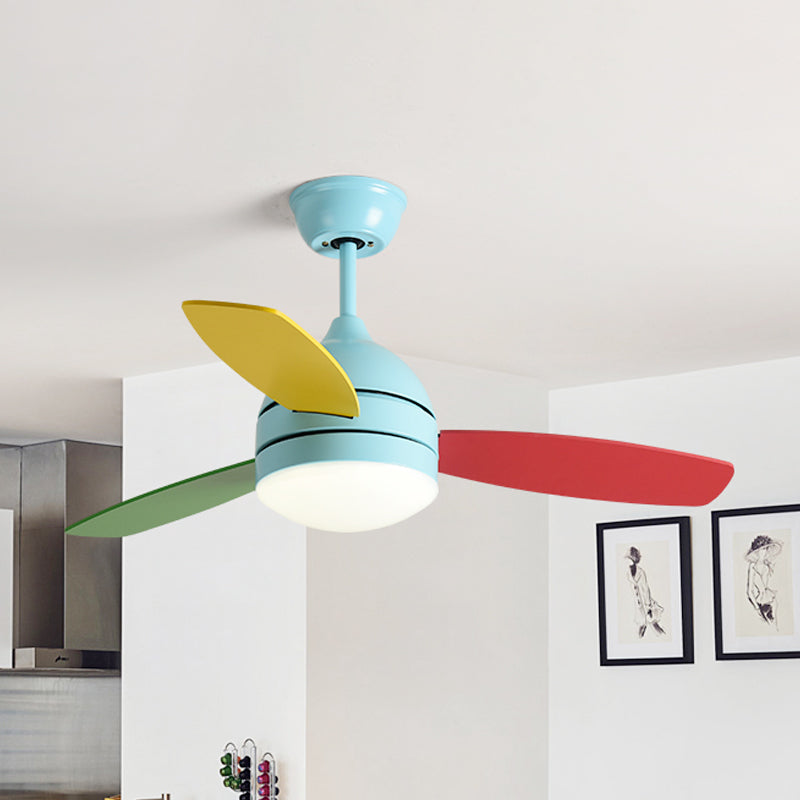 Dome Metal Semi Flush Lighting Kids LED Bedroom Pendant Fan Light Fixture in Pink/Blue with 3 Colorful Blades, 41