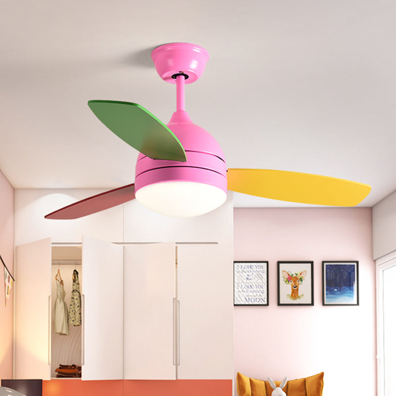 Dome Metal Semi Flush Lighting Kids LED Bedroom Pendant Fan Light Fixture in Pink/Blue with 3 Colorful Blades, 41