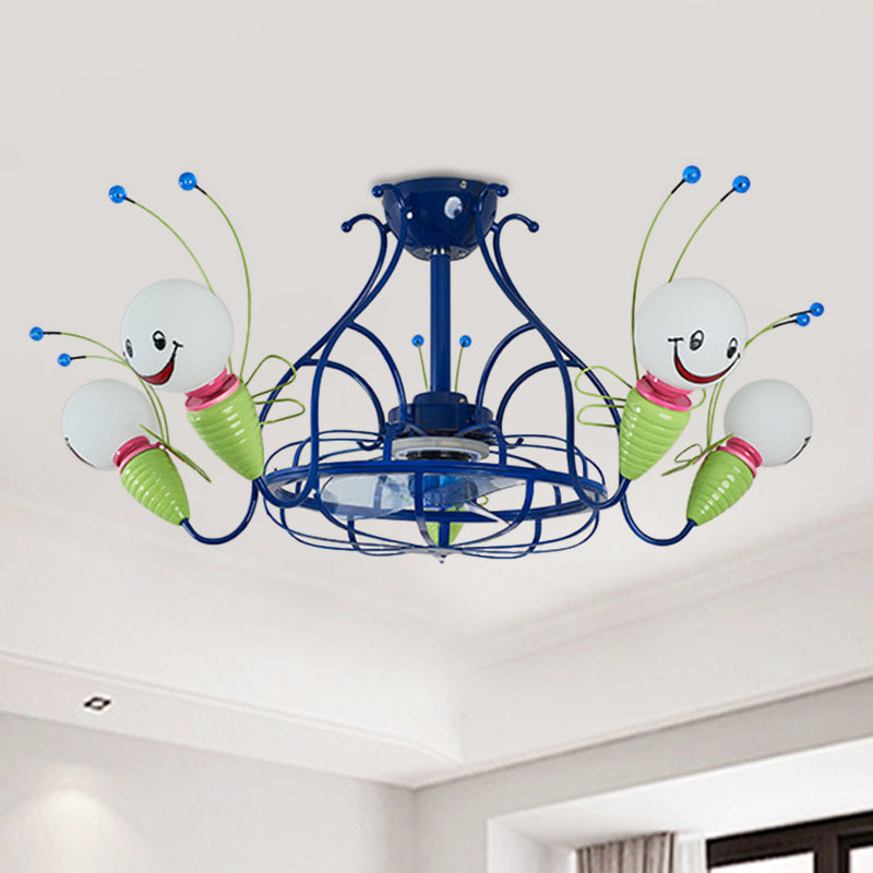 Modern Radial Hanging Fan Light Fixture 5 Heads Metallic 3 Blades Semi Flush Lamp in Blue for Bedroom, 30