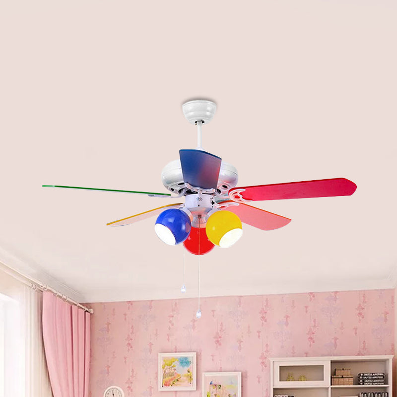 Globe Bedroom Pendant Fan Light Kids Pink/Yellow/Red Glass 42