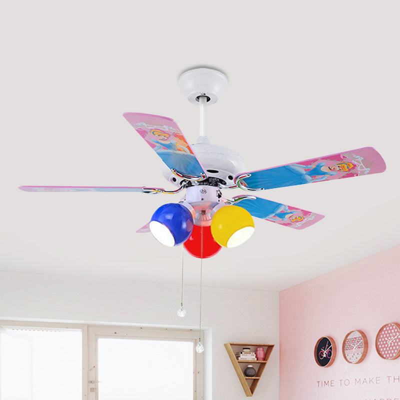 Globe Bedroom Pendant Fan Light Kids Pink/Yellow/Red Glass 42