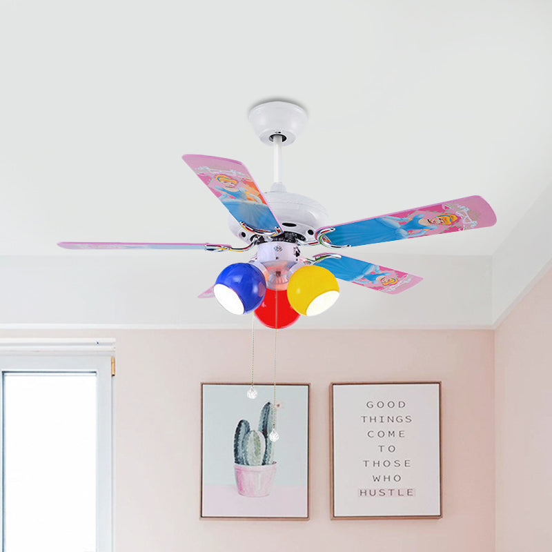 Globe Bedroom Pendant Fan Light Kids Pink/Yellow/Red Glass 42