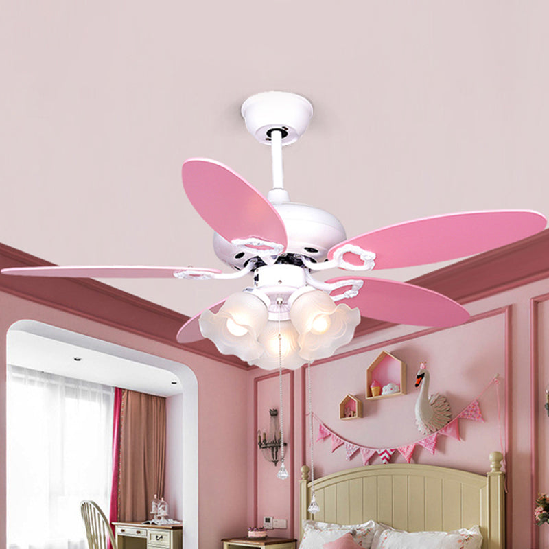 3-Bulb Semi Flush Light Kids Bedroom 5 Pink Blades Hanging Fan Lamp with Floral Opal Glass Shade, 42