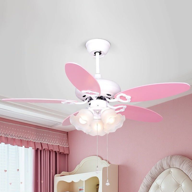 3-Bulb Semi Flush Light Kids Bedroom 5 Pink Blades Hanging Fan Lamp with Floral Opal Glass Shade, 42