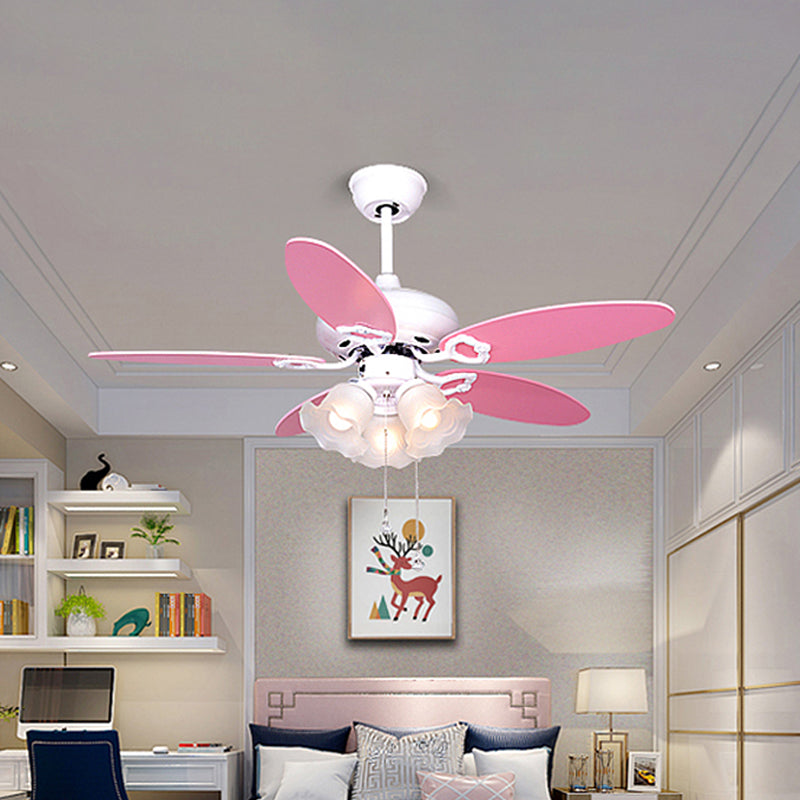 3-Bulb Semi Flush Light Kids Bedroom 5 Pink Blades Hanging Fan Lamp with Floral Opal Glass Shade, 42