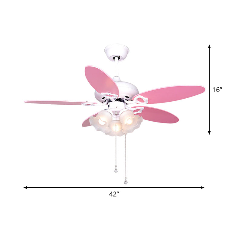 3-Bulb Semi Flush Light Kids Bedroom 5 Pink Blades Hanging Fan Lamp with Floral Opal Glass Shade, 42