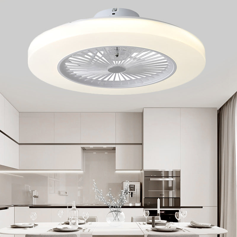 Modern Circle Semi Flush Mounted Lamp LED Acrylic Shade Hanging Ceiling Fan Light in White with 6 Clear Blades, 23