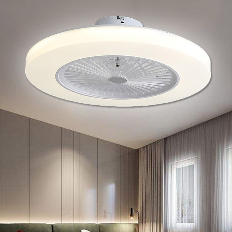 Modern Circle Semi Flush Mounted Lamp LED Acrylic Shade Hanging Ceiling Fan Light in White with 6 Clear Blades, 23