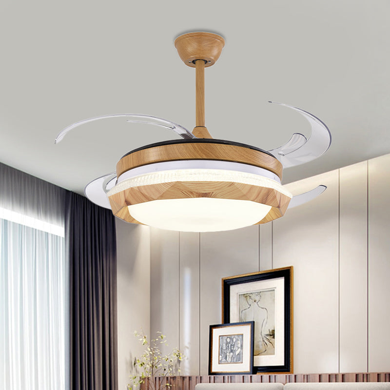 Wood Geometric Ceiling Fan Lighting Modern Bedroom 4 Blades LED Semi Flush Mounted Lamp in Beige, 48