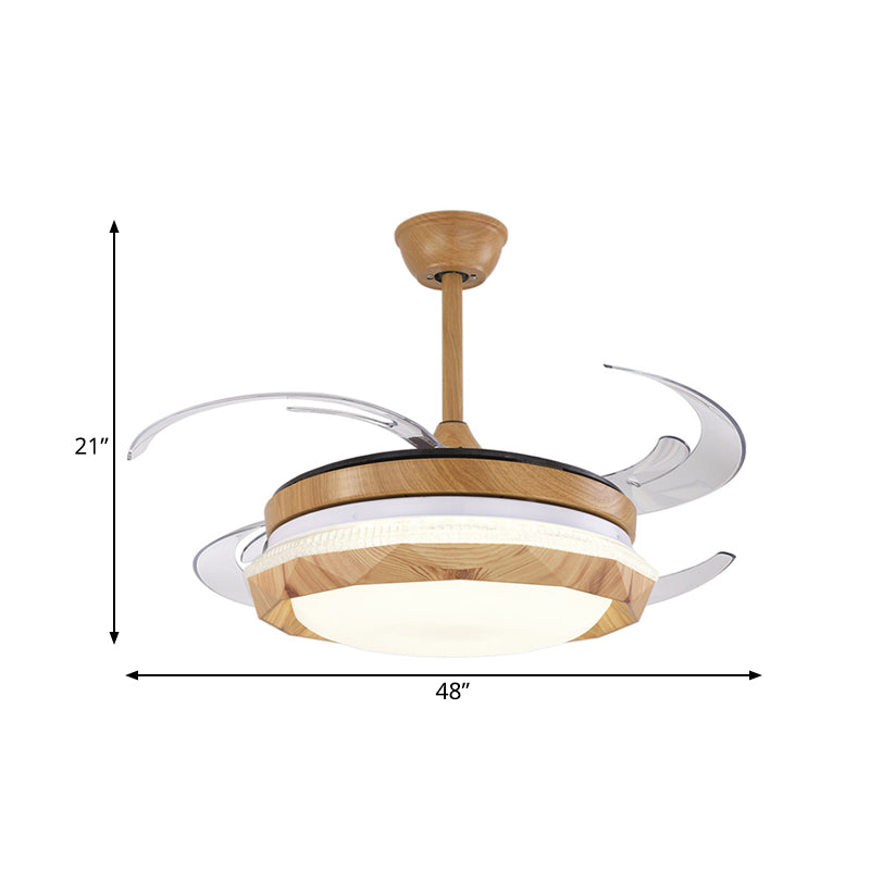 Wood Geometric Ceiling Fan Lighting Modern Bedroom 4 Blades LED Semi Flush Mounted Lamp in Beige, 48