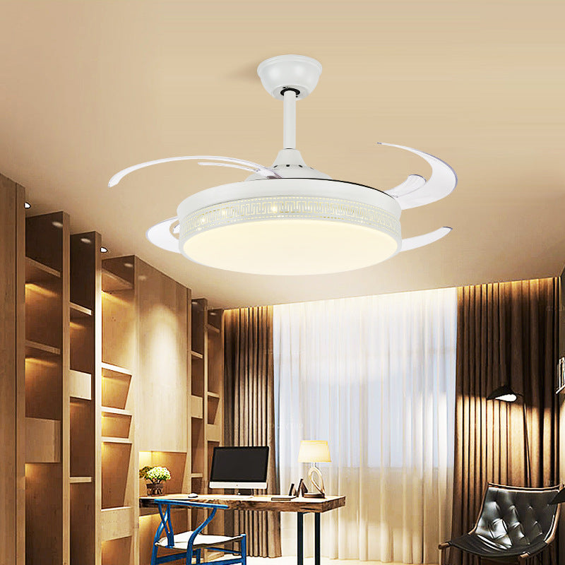 LED Semi Flush Lighting Contemporary Drum Metal 4 Blades Hanging Pendant Fan Lamp in White, 48