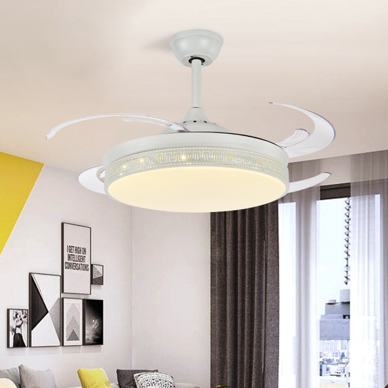 LED Semi Flush Lighting Contemporary Drum Metal 4 Blades Hanging Pendant Fan Lamp in White, 48