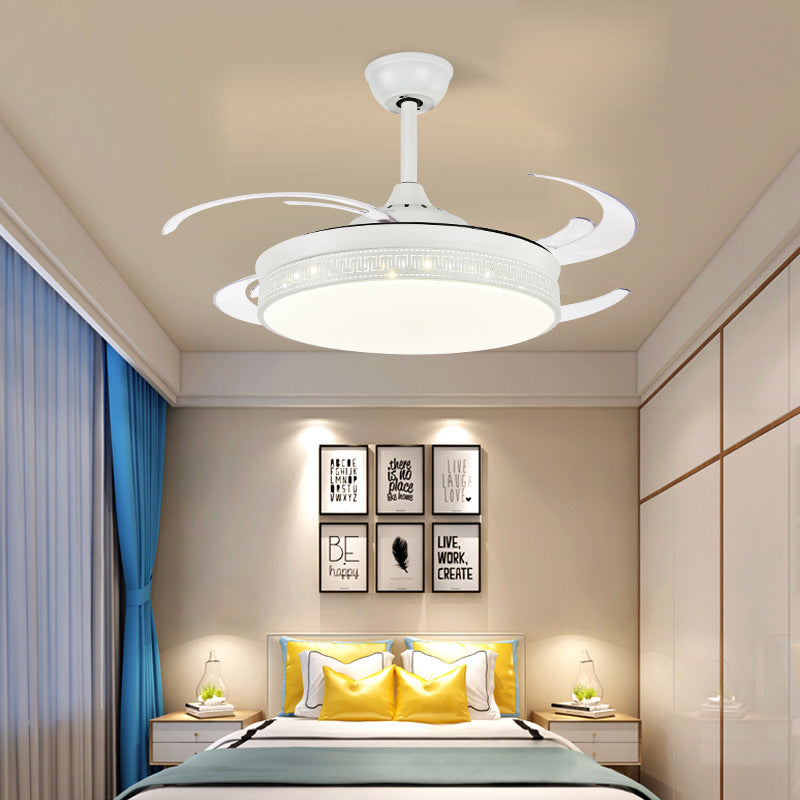 LED Semi Flush Lighting Contemporary Drum Metal 4 Blades Hanging Pendant Fan Lamp in White, 48