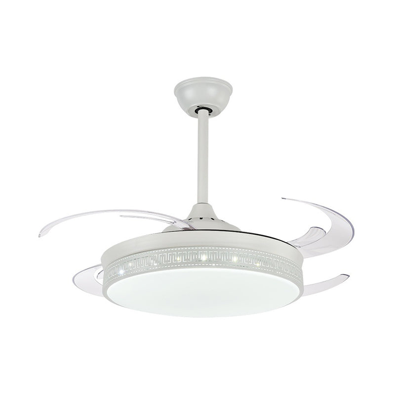 LED Semi Flush Lighting Contemporary Drum Metal 4 Blades Hanging Pendant Fan Lamp in White, 48