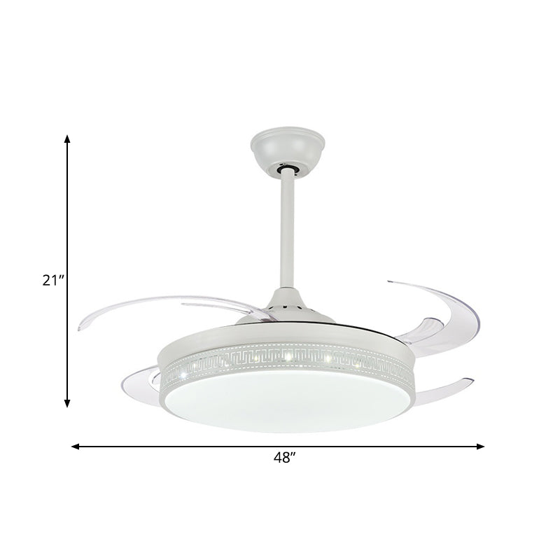 LED Semi Flush Lighting Contemporary Drum Metal 4 Blades Hanging Pendant Fan Lamp in White, 48