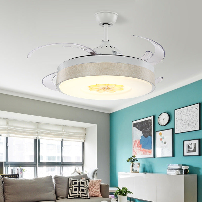 8 Blades LED Metal Semi Flush Light Modern White Cylinder Bedroom Hanging Fan Lamp with Acrylic Shade, 48