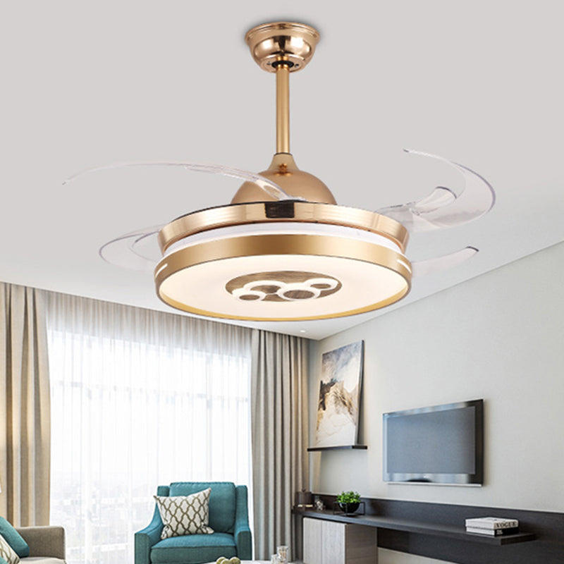 4 Blades Gold Drum Hanging Fan Lamp Modernist Metal Living Room LED Semi Flush Mount Light Fixture, 48