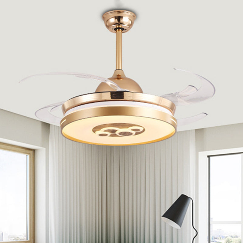 4 Blades Gold Drum Hanging Fan Lamp Modernist Metal Living Room LED Semi Flush Mount Light Fixture, 48