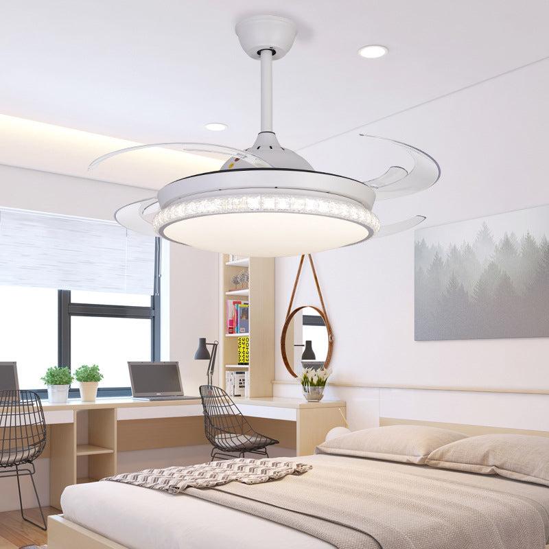 LED Ceiling Fan Lighting Modernism Bedroom 8 Blades Semi Flush Lamp with Circular Acrylic Shade in White, 48