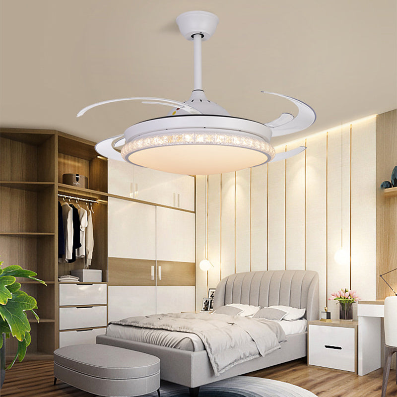 LED Ceiling Fan Lighting Modernism Bedroom 8 Blades Semi Flush Lamp with Circular Acrylic Shade in White, 48