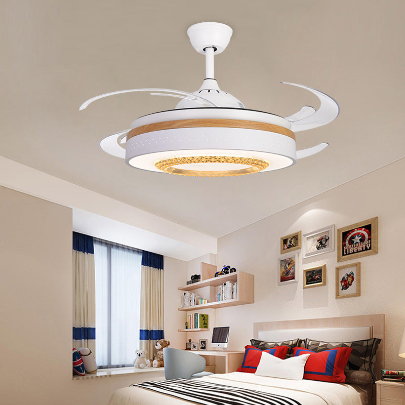 White LED Ceiling Fan Light Modernist Metal Cylinder 4 Blades Semi Flush Mount Lamp for Bedroom, 48