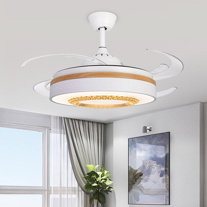 White LED Ceiling Fan Light Modernist Metal Cylinder 4 Blades Semi Flush Mount Lamp for Bedroom, 48