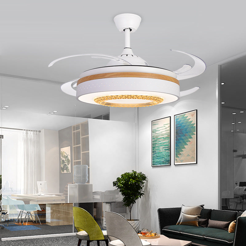 White LED Ceiling Fan Light Modernist Metal Cylinder 4 Blades Semi Flush Mount Lamp for Bedroom, 48