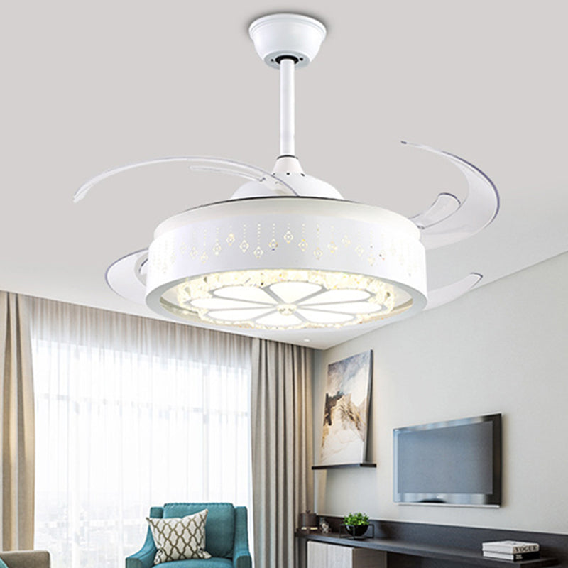 8 Blades Modern Flower Semi Flush Lighting LED Crystal Pendant Fan Light in White with Acrylic Shade, 48