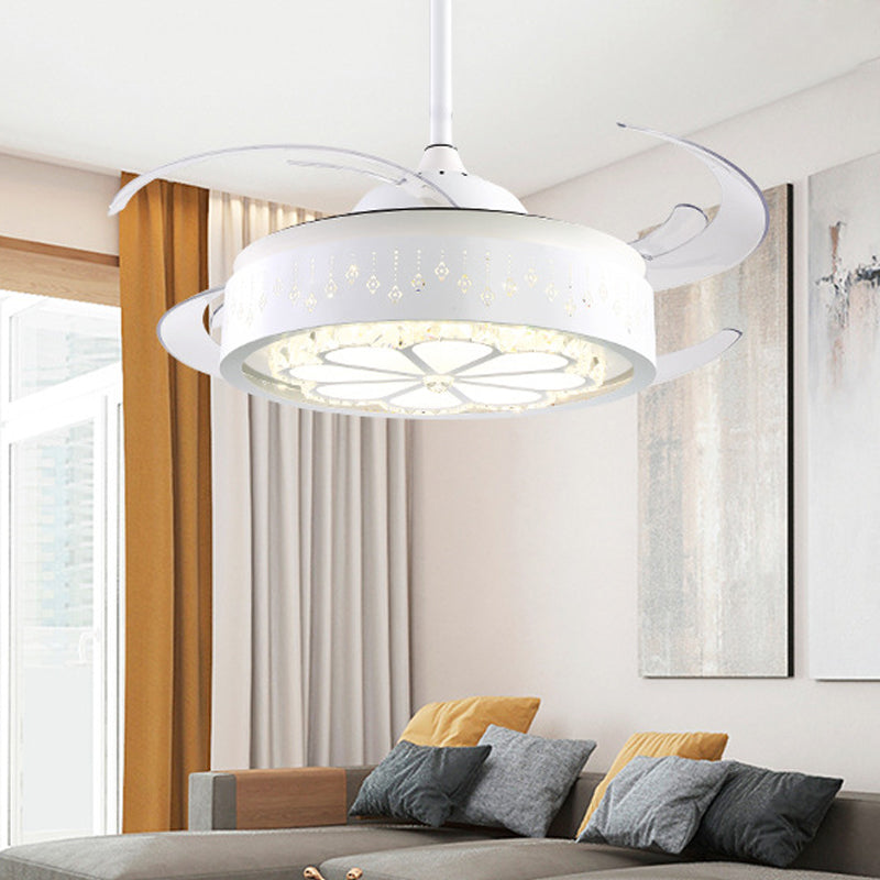 8 Blades Modern Flower Semi Flush Lighting LED Crystal Pendant Fan Light in White with Acrylic Shade, 48