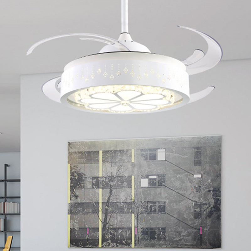 8 Blades Modern Flower Semi Flush Lighting LED Crystal Pendant Fan Light in White with Acrylic Shade, 48