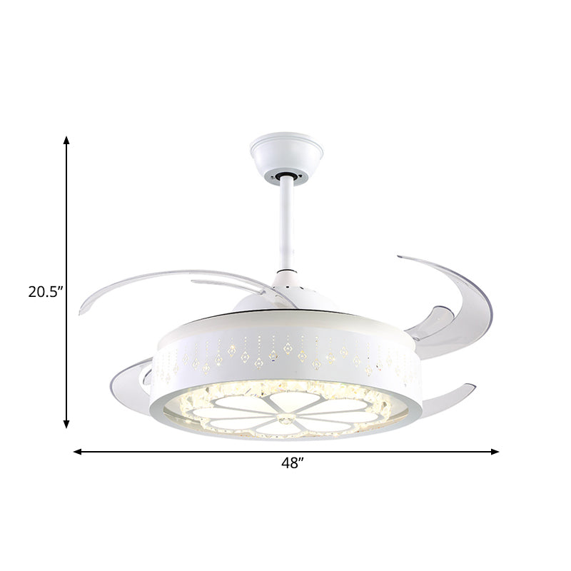 8 Blades Modern Flower Semi Flush Lighting LED Crystal Pendant Fan Light in White with Acrylic Shade, 48