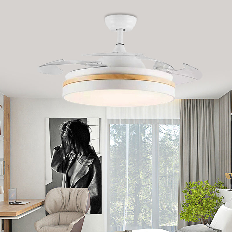 LED Acrylic Semi Flush Mount Light Modern White Finish Drum Living Room 4 Clear Blades Pendant Fan Lamp, 42