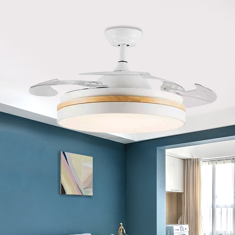 LED Acrylic Semi Flush Mount Light Modern White Finish Drum Living Room 4 Clear Blades Pendant Fan Lamp, 42