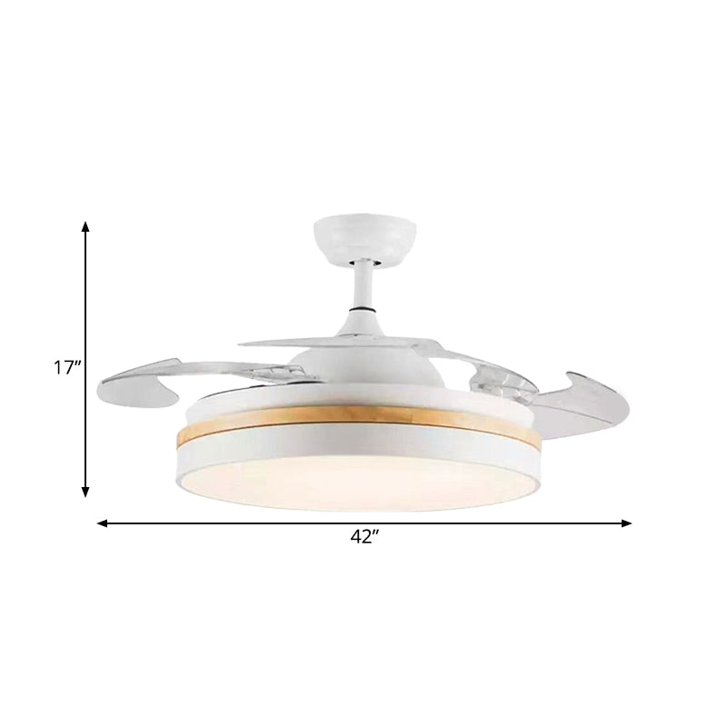 LED Acrylic Semi Flush Mount Light Modern White Finish Drum Living Room 4 Clear Blades Pendant Fan Lamp, 42