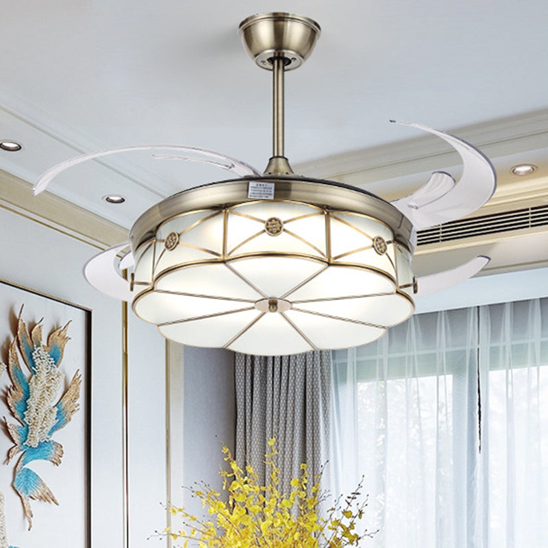 42��������� W ���������LED Floral Semi Flush Lighting Colonial Brass Acrylic Hanging Fan Lamp for Living Room with 4 Clear Blades Brass Clearhalo 'Ceiling Fans with Lights' 'Ceiling Fans' Lighting' 399551