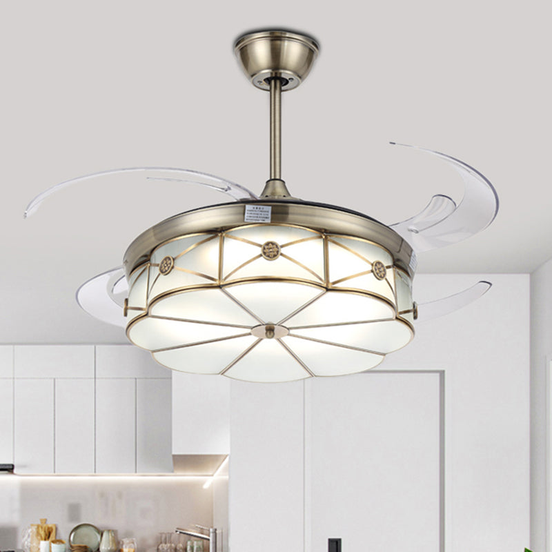 42��������� W ���������LED Floral Semi Flush Lighting Colonial Brass Acrylic Hanging Fan Lamp for Living Room with 4 Clear Blades Clearhalo 'Ceiling Fans with Lights' 'Ceiling Fans' Lighting' 399552