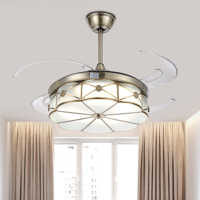 42��������� W ���������LED Floral Semi Flush Lighting Colonial Brass Acrylic Hanging Fan Lamp for Living Room with 4 Clear Blades Clearhalo 'Ceiling Fans with Lights' 'Ceiling Fans' Lighting' 399553