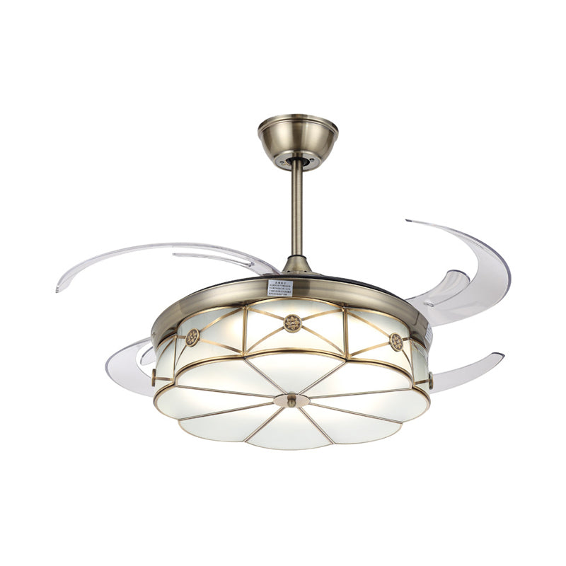 42��������� W ���������LED Floral Semi Flush Lighting Colonial Brass Acrylic Hanging Fan Lamp for Living Room with 4 Clear Blades Clearhalo 'Ceiling Fans with Lights' 'Ceiling Fans' Lighting' 399554