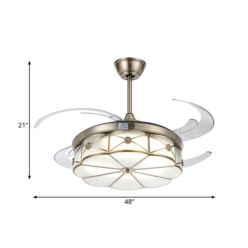 42��������� W ���������LED Floral Semi Flush Lighting Colonial Brass Acrylic Hanging Fan Lamp for Living Room with 4 Clear Blades Clearhalo 'Ceiling Fans with Lights' 'Ceiling Fans' Lighting' 399555