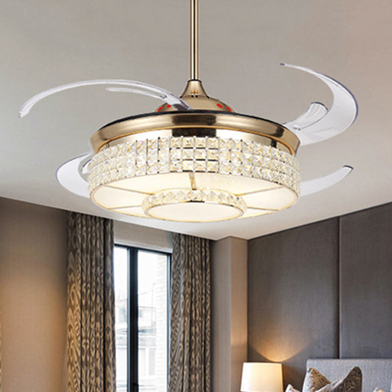 LED Crystal Semi Flush Light Fixture Modern Gold Cylinder Bedroom Hanging Ceiling Fan Lamp with 4 Clear Blades, 48